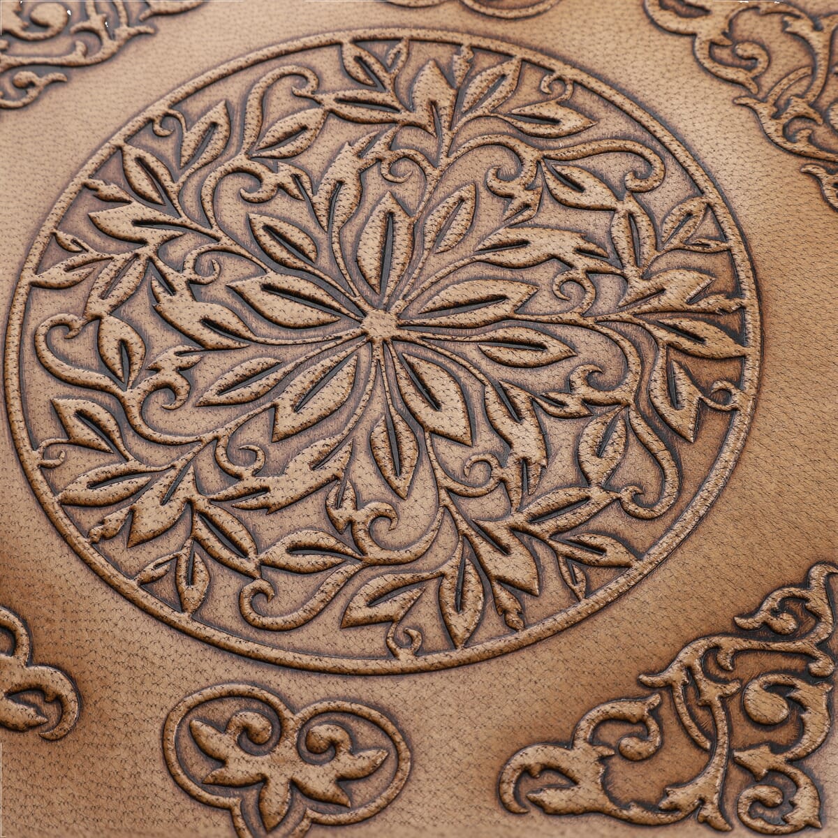 Tan Flower Pattern Genuine Leather Round Embossed Sling Bag with Adjustable Shoulder Strap (10"x3.5") image number 2