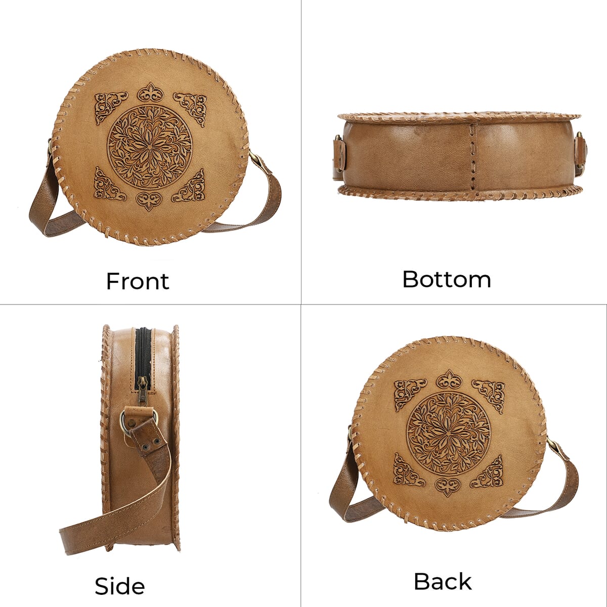 Tan Flower Pattern Genuine Leather Round Embossed Sling Bag with Adjustable Shoulder Strap (10"x3.5") image number 3