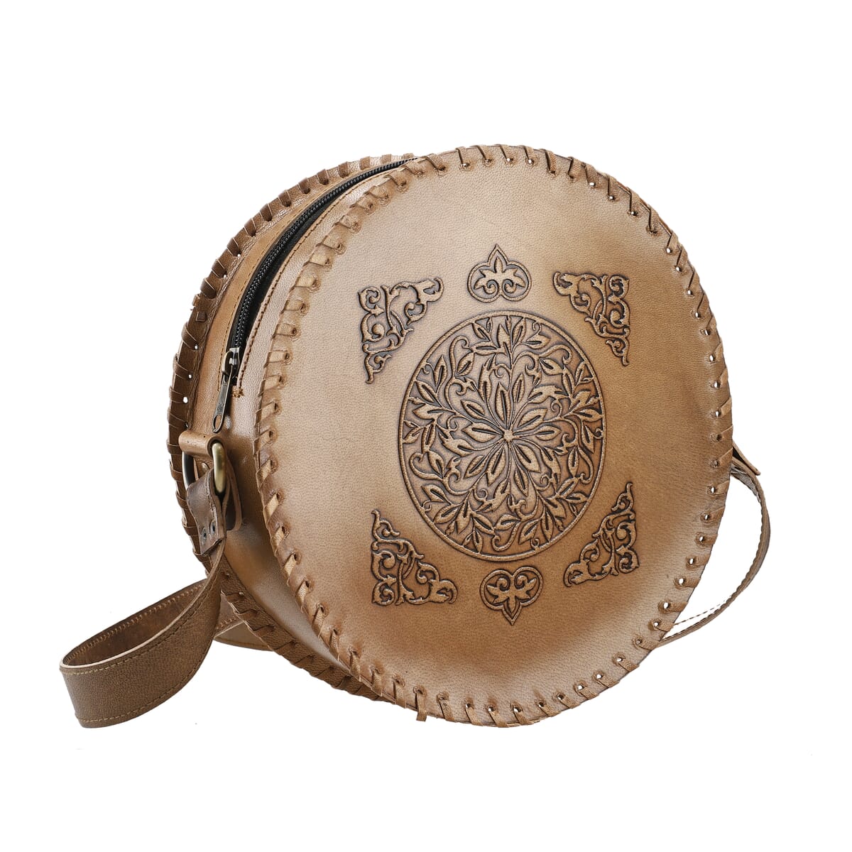 Tan Flower Pattern Genuine Leather Round Embossed Sling Bag with Adjustable Shoulder Strap (10"x3.5") image number 6