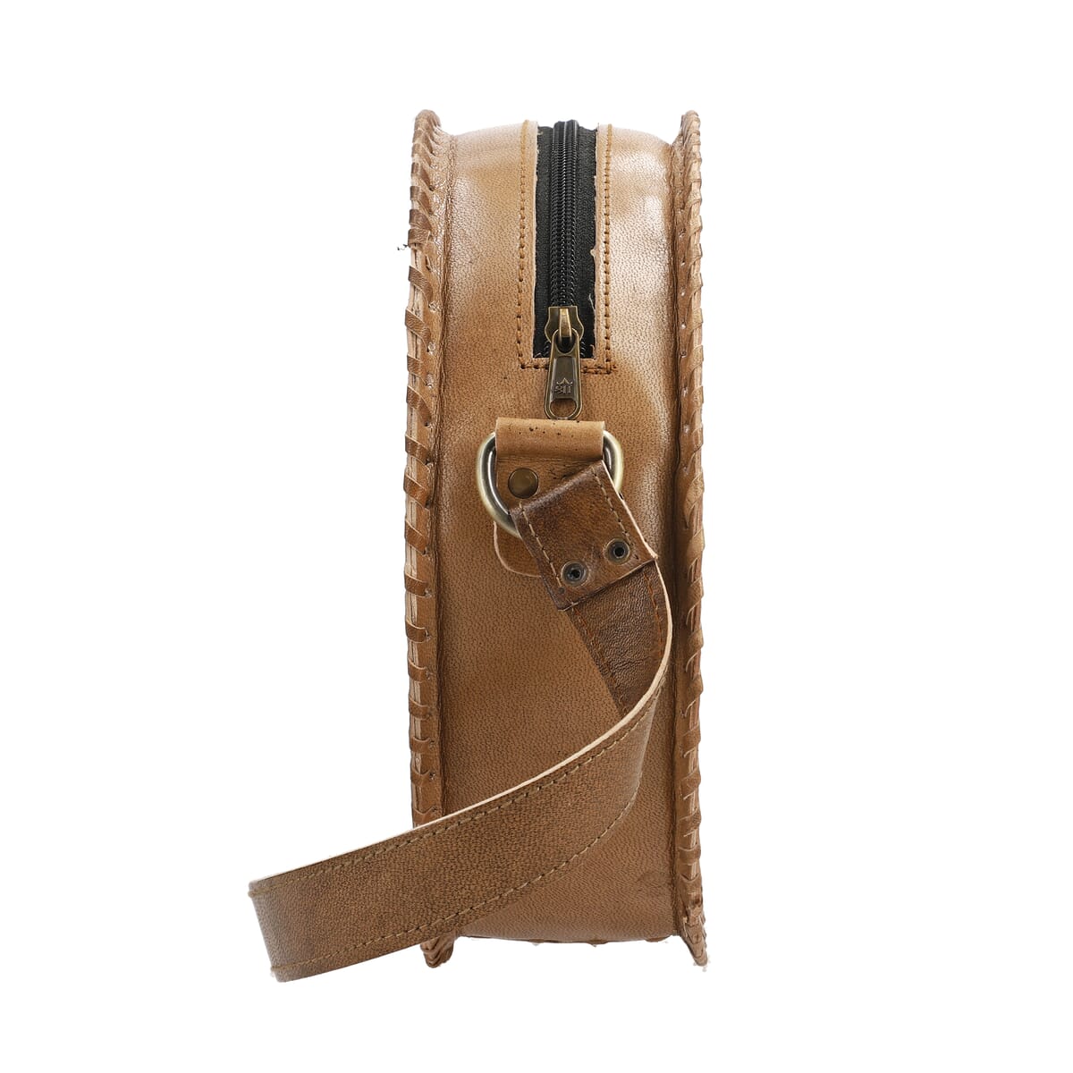 Tan Flower Pattern Genuine Leather Round Embossed Sling Bag with Adjustable Shoulder Strap (10"x3.5") image number 7