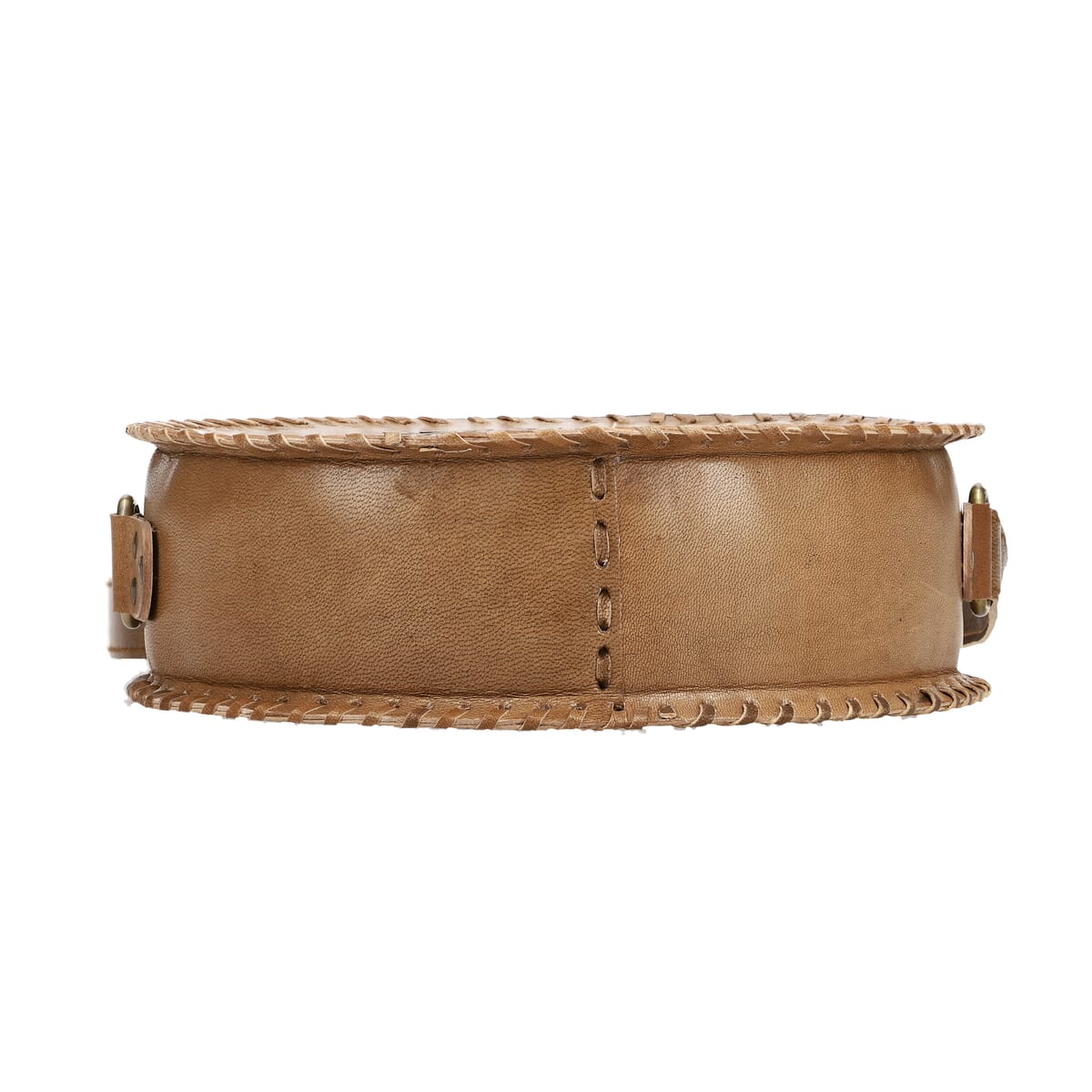 Tan Flower Pattern Genuine Leather Round Embossed Sling Bag with Adjustable Shoulder Strap (10"x3.5") image number 8
