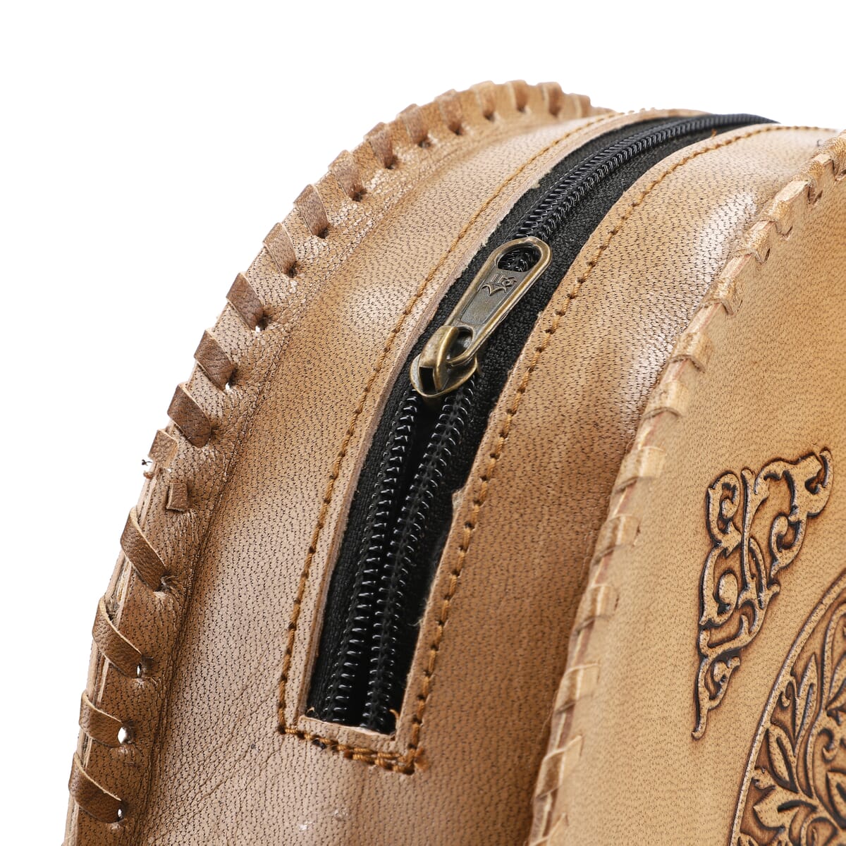 Tan Flower Pattern Genuine Leather Round Embossed Sling Bag with Adjustable Shoulder Strap (10"x3.5") image number 9