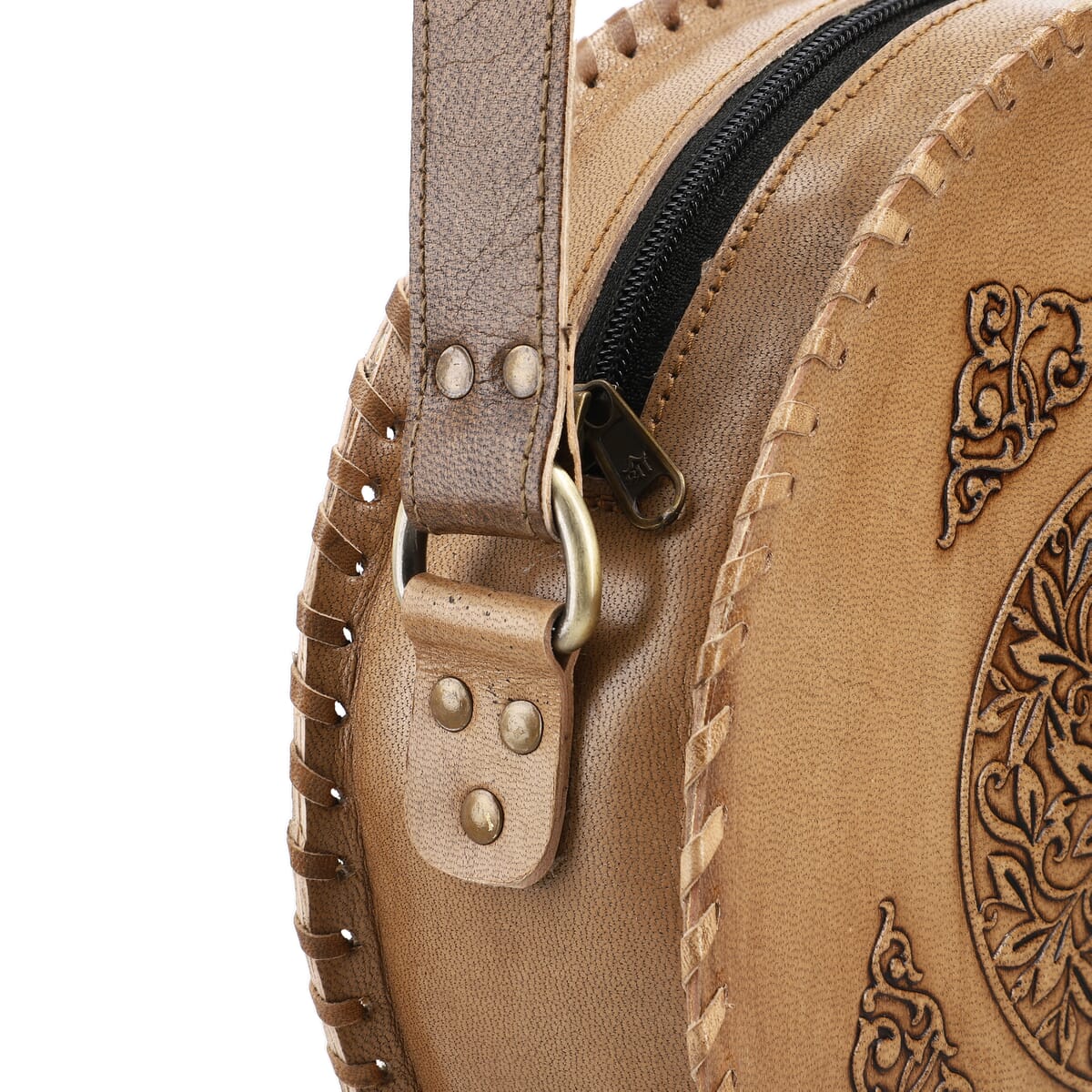 Tan Flower Pattern Genuine Leather Round Embossed Sling Bag with Adjustable Shoulder Strap (10"x3.5") image number 11