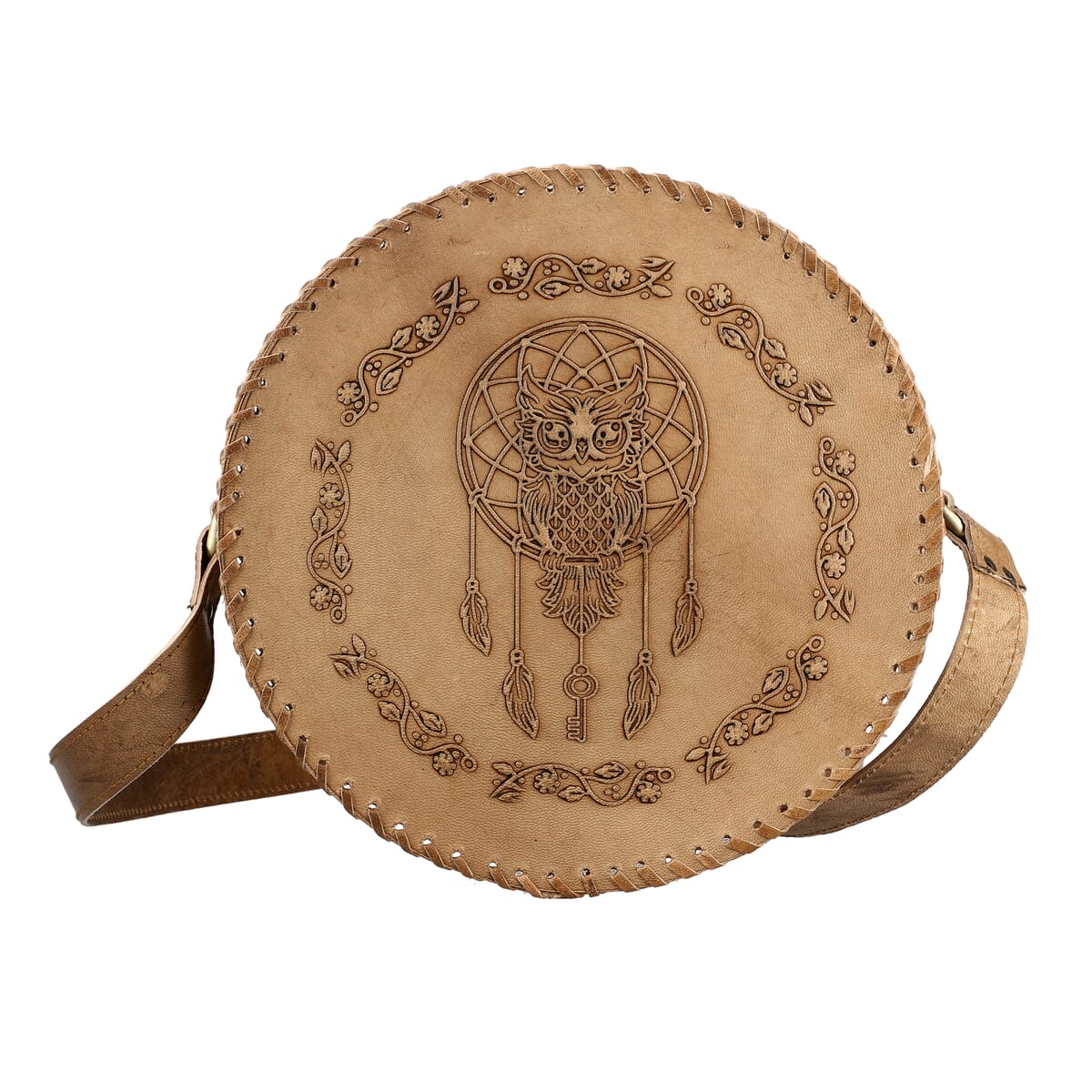 Tan Dreamcatcher Pattern Genuine Leather Round Embossed Sling Bag with Adjustable Shoulder Strap (10x3.5) image number 0