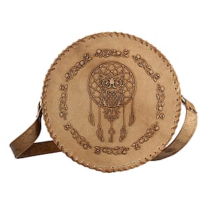 Tan Dreamcatcher Pattern Genuine Leather Round Embossed Sling Bag with Adjustable Shoulder Strap (10x3.5)