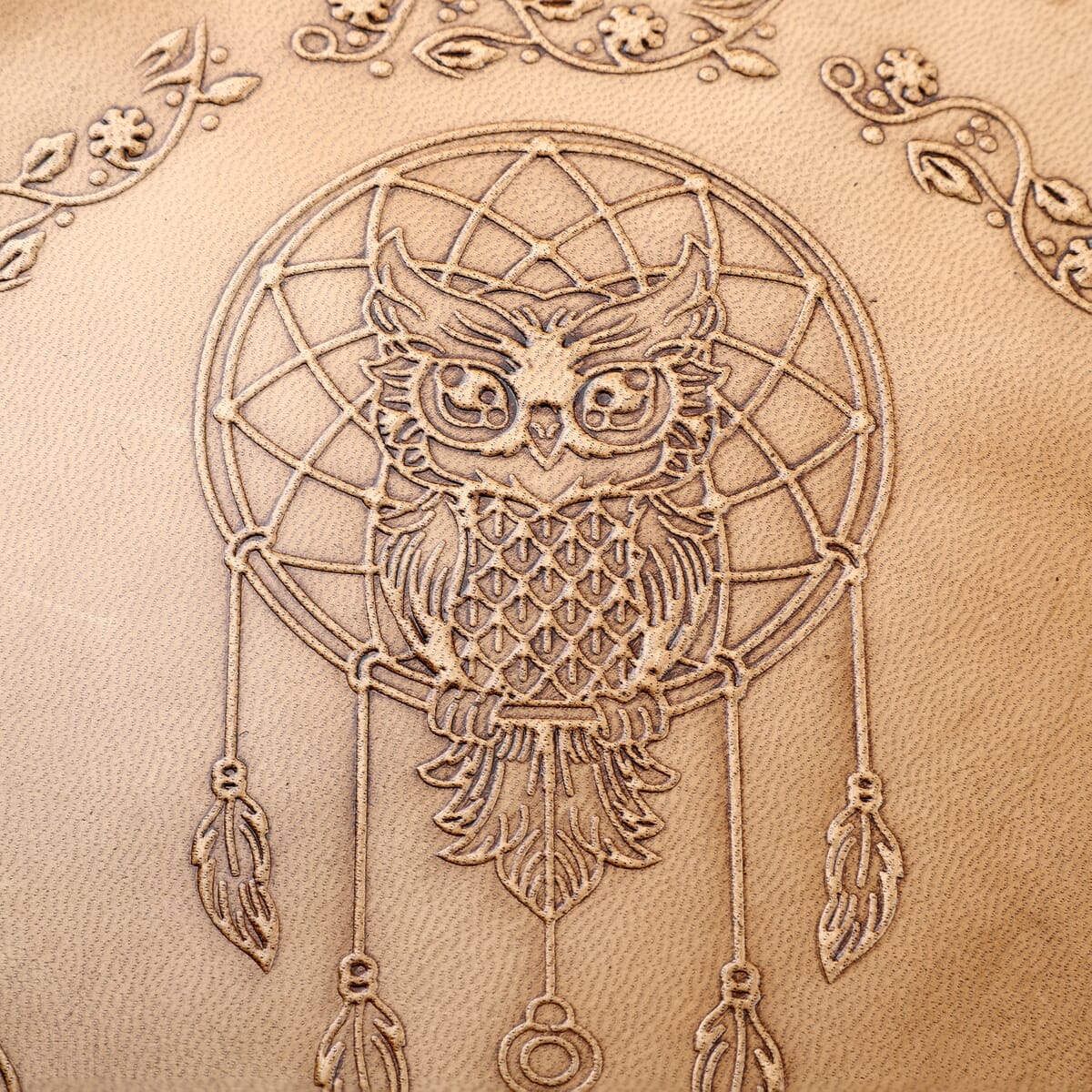 Tan Dreamcatcher Pattern Genuine Leather Round Embossed Sling Bag with Adjustable Shoulder Strap (10x3.5) image number 2