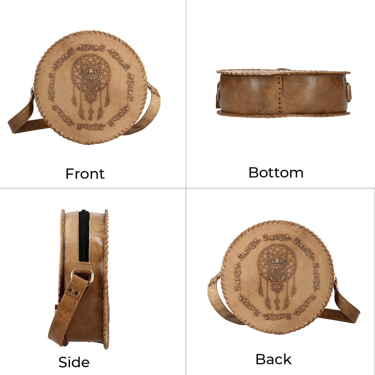 Tan Dreamcatcher Pattern Genuine Leather Round Embossed Sling Bag with Adjustable Shoulder Strap (10x3.5) image number 3