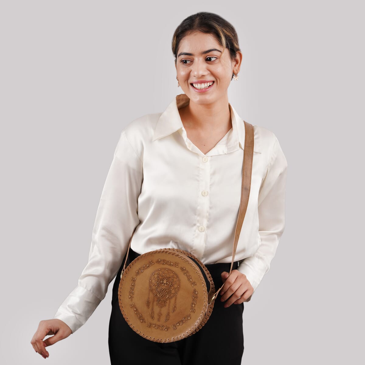 Tan Dreamcatcher Pattern Genuine Leather Round Embossed Sling Bag with Adjustable Shoulder Strap (10x3.5) image number 4
