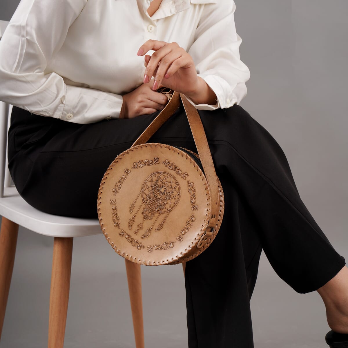 Tan Dreamcatcher Pattern Genuine Leather Round Embossed Sling Bag with Adjustable Shoulder Strap (10x3.5) image number 5