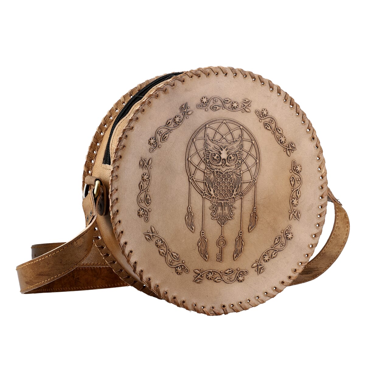 Tan Dreamcatcher Pattern Genuine Leather Round Embossed Sling Bag with Adjustable Shoulder Strap (10x3.5) image number 6