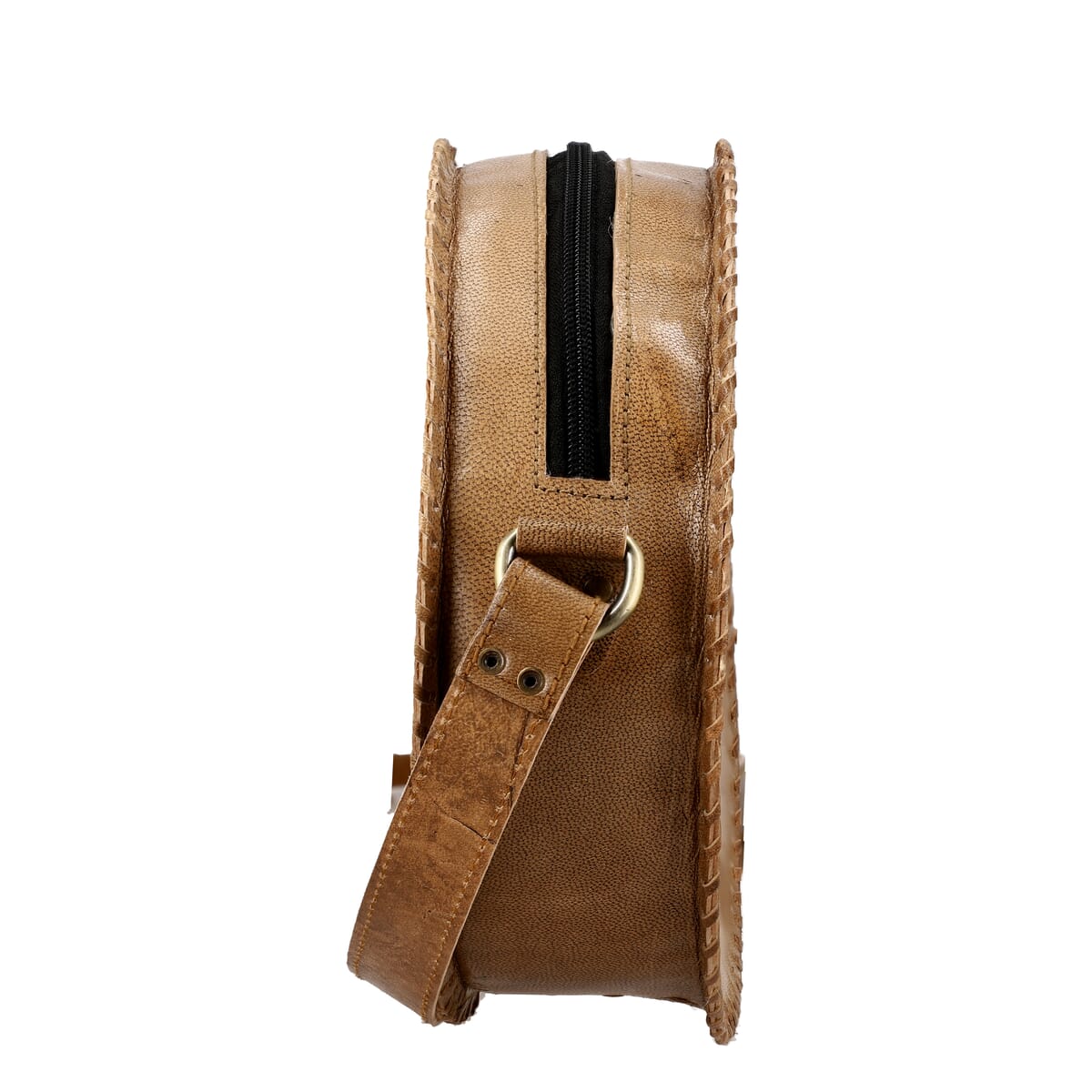 Tan Dreamcatcher Pattern Genuine Leather Round Embossed Sling Bag with Adjustable Shoulder Strap (10x3.5) image number 7