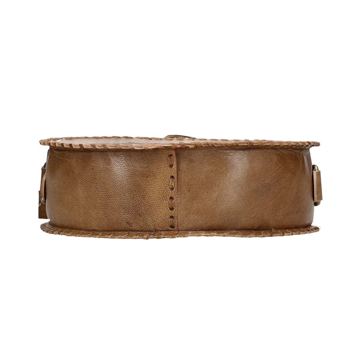 Tan Dreamcatcher Pattern Genuine Leather Round Embossed Sling Bag with Adjustable Shoulder Strap (10x3.5) image number 8