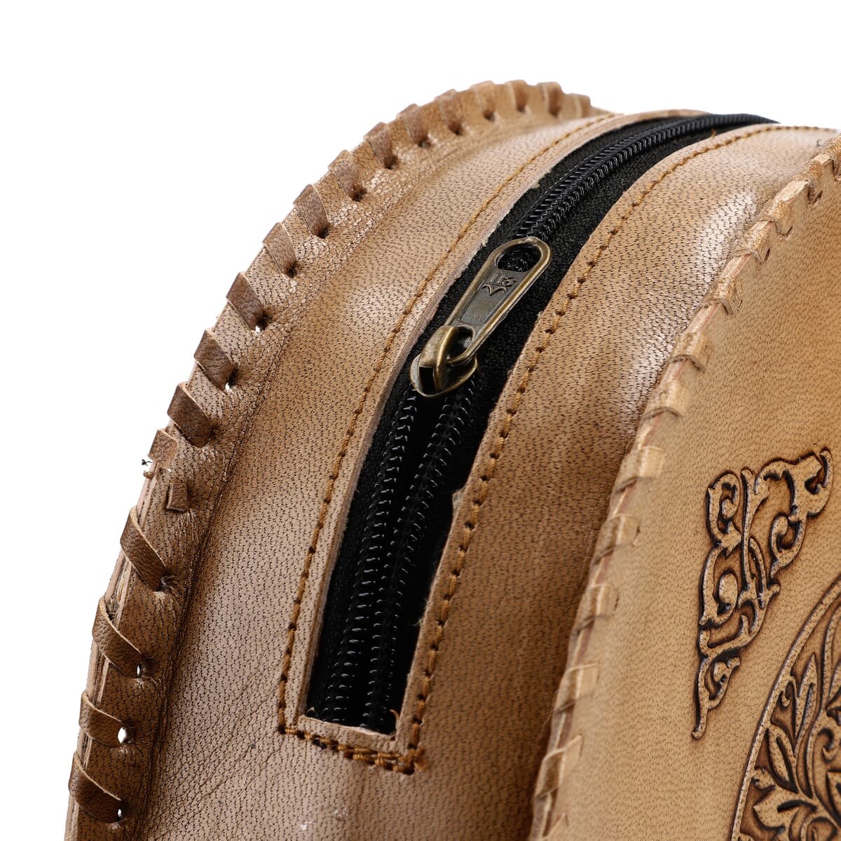 Tan Dreamcatcher Pattern Genuine Leather Round Embossed Sling Bag with Adjustable Shoulder Strap (10x3.5) image number 9