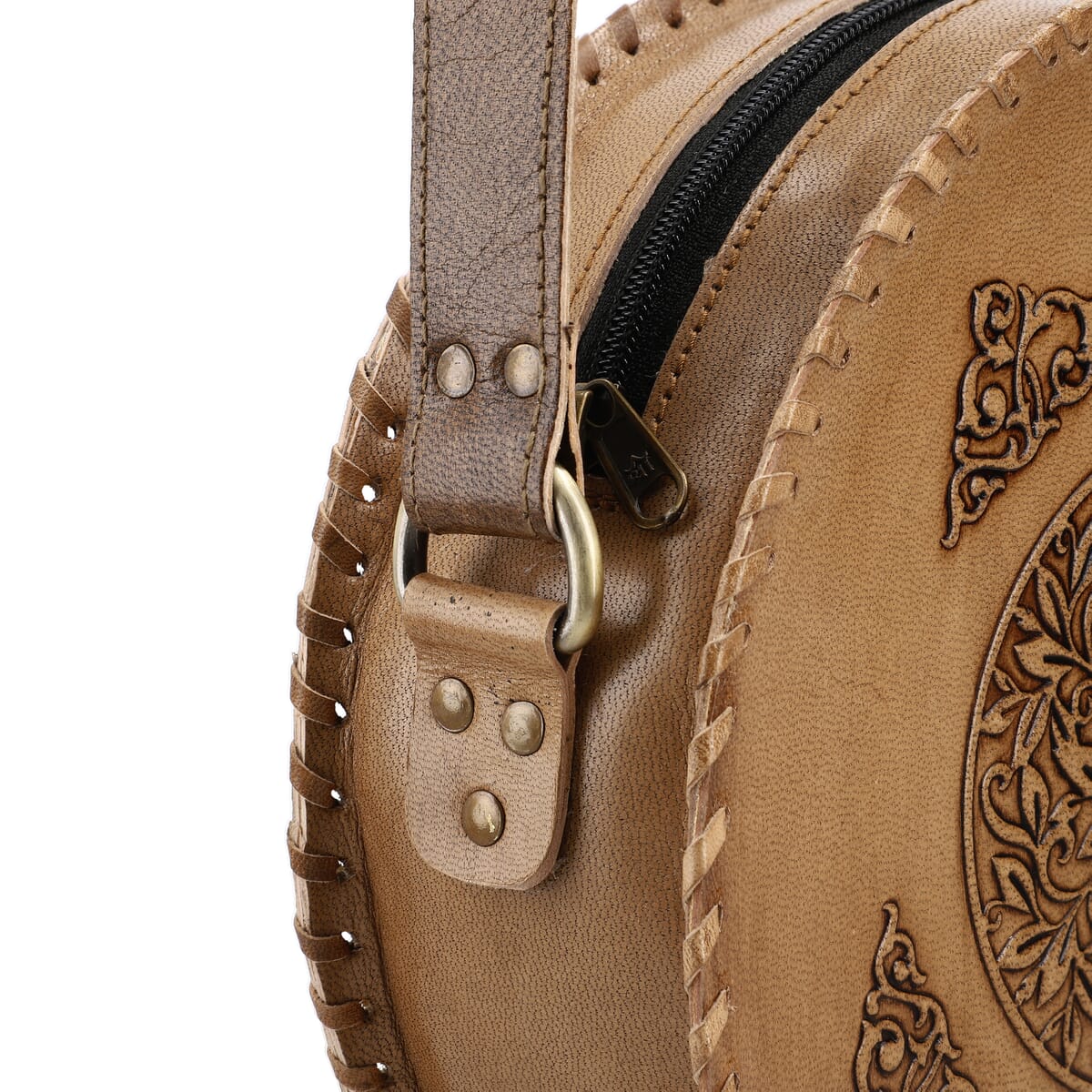 Tan Dreamcatcher Pattern Genuine Leather Round Embossed Sling Bag with Adjustable Shoulder Strap (10x3.5) image number 11