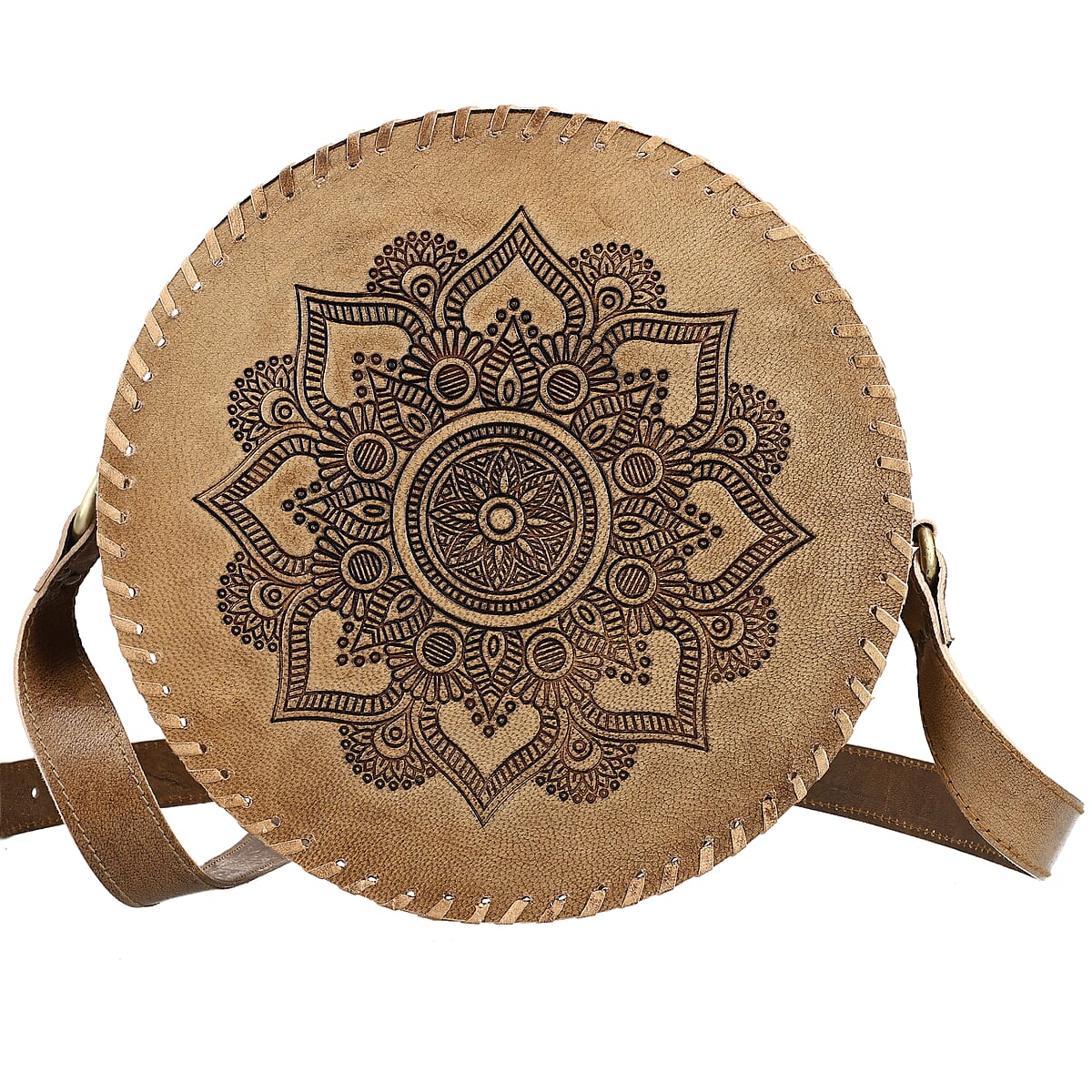 Tan Floral Pattern Genuine Leather Round Embossed Sling Bag with Adjustable Shoulder Strap image number 0