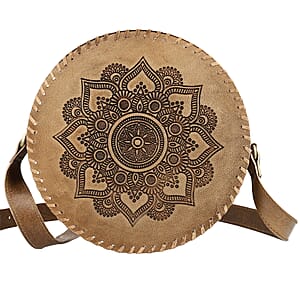 Tan Floral Pattern Genuine Leather Round Embossed Sling Bag with Adjustable Shoulder Strap