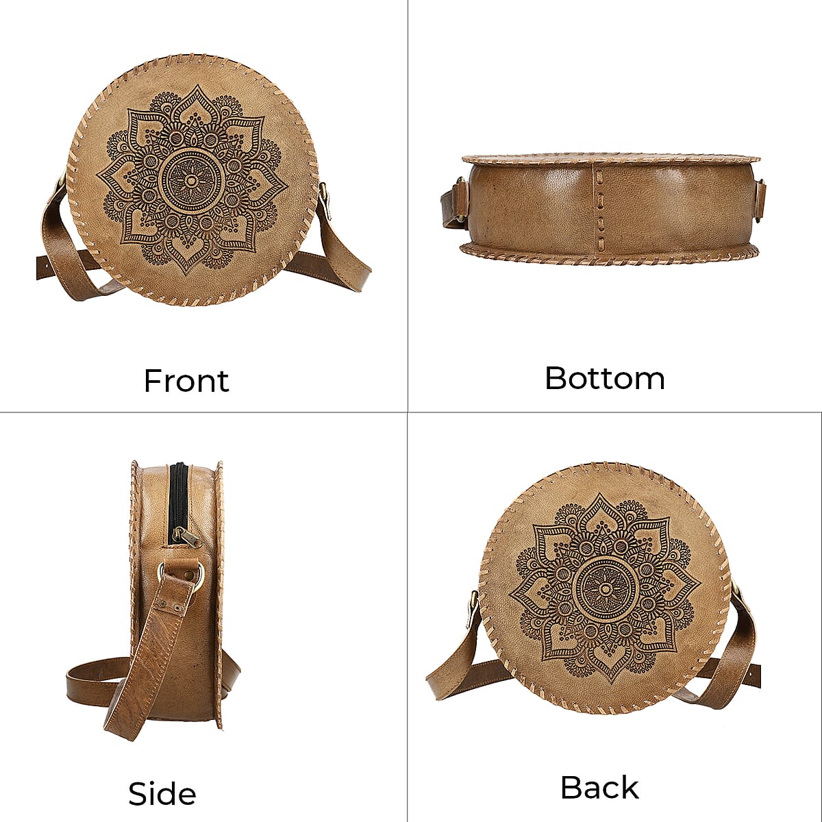 Tan Floral Pattern Genuine Leather Round Embossed Sling Bag with Adjustable Shoulder Strap image number 3