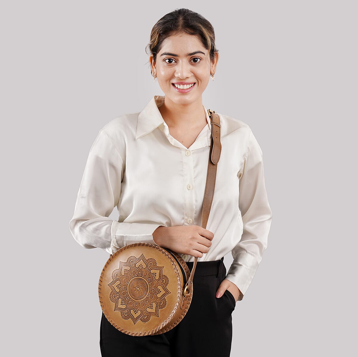 Tan Floral Pattern Genuine Leather Round Embossed Sling Bag with Adjustable Shoulder Strap image number 4