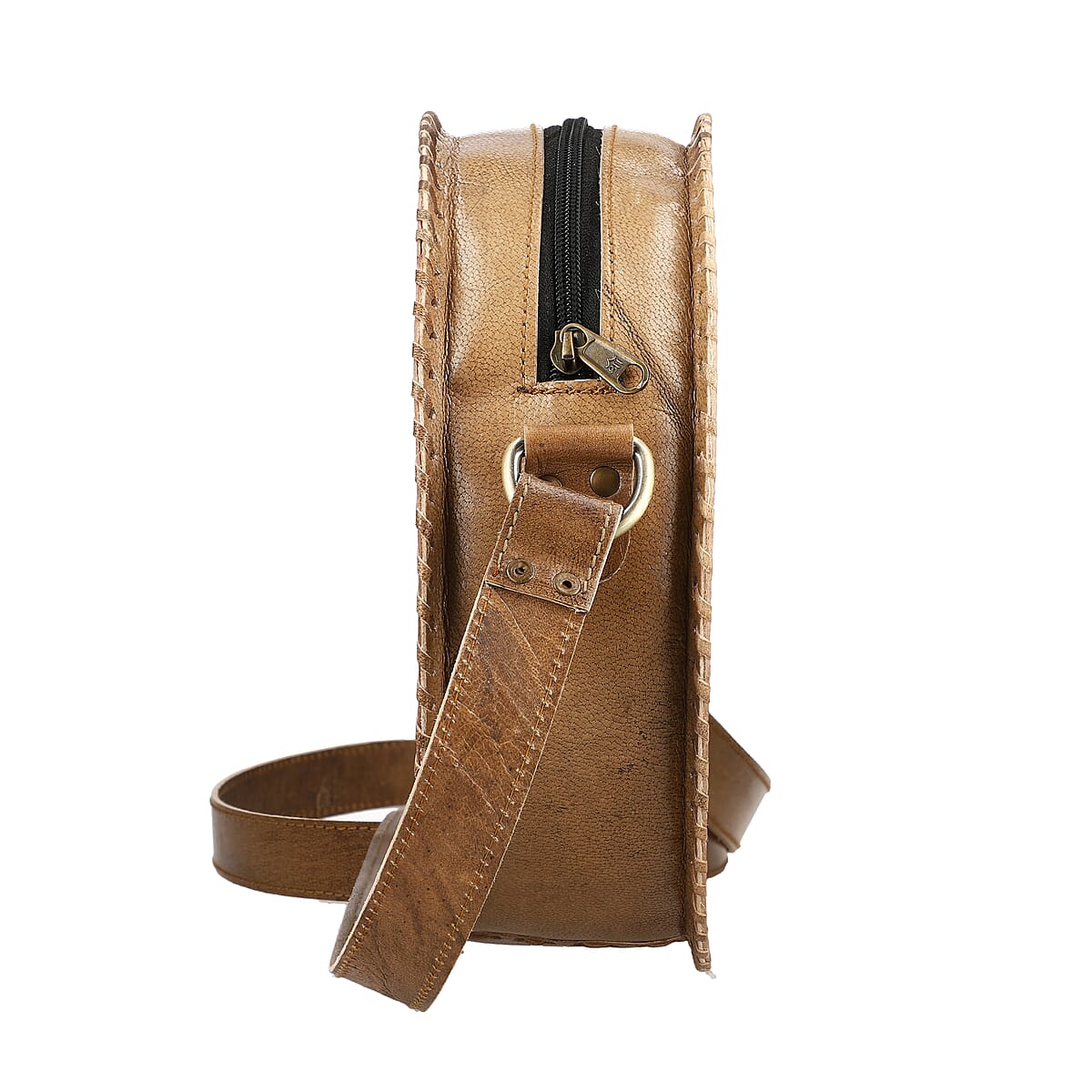 Tan Floral Pattern Genuine Leather Round Embossed Sling Bag with Adjustable Shoulder Strap image number 7