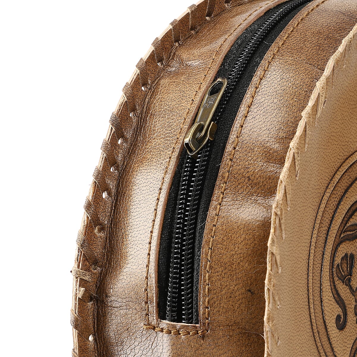 Tan Floral Pattern Genuine Leather Round Embossed Sling Bag with Adjustable Shoulder Strap image number 9