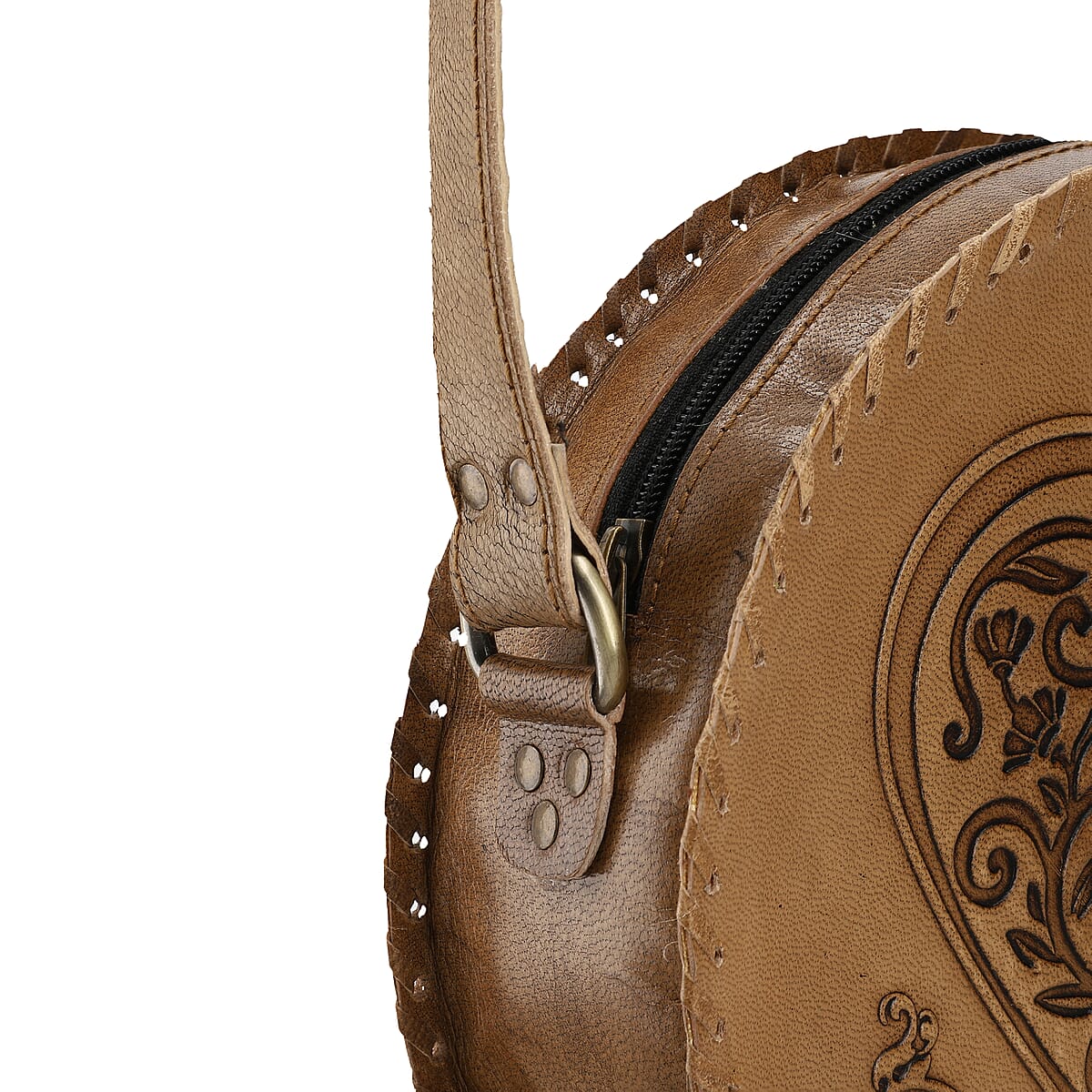 Tan Floral Pattern Genuine Leather Round Embossed Sling Bag with Adjustable Shoulder Strap image number 11