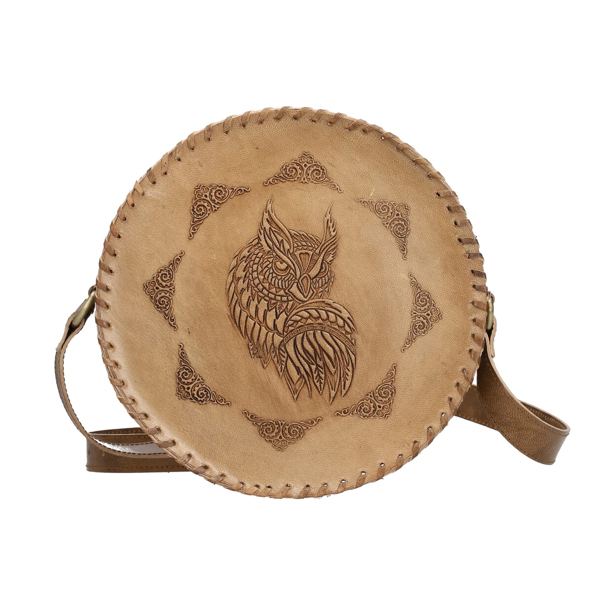 Tan Owl Pattern Genuine Leather Round Embossed Sling Bag with Adjustable Shoulder Strap image number 0