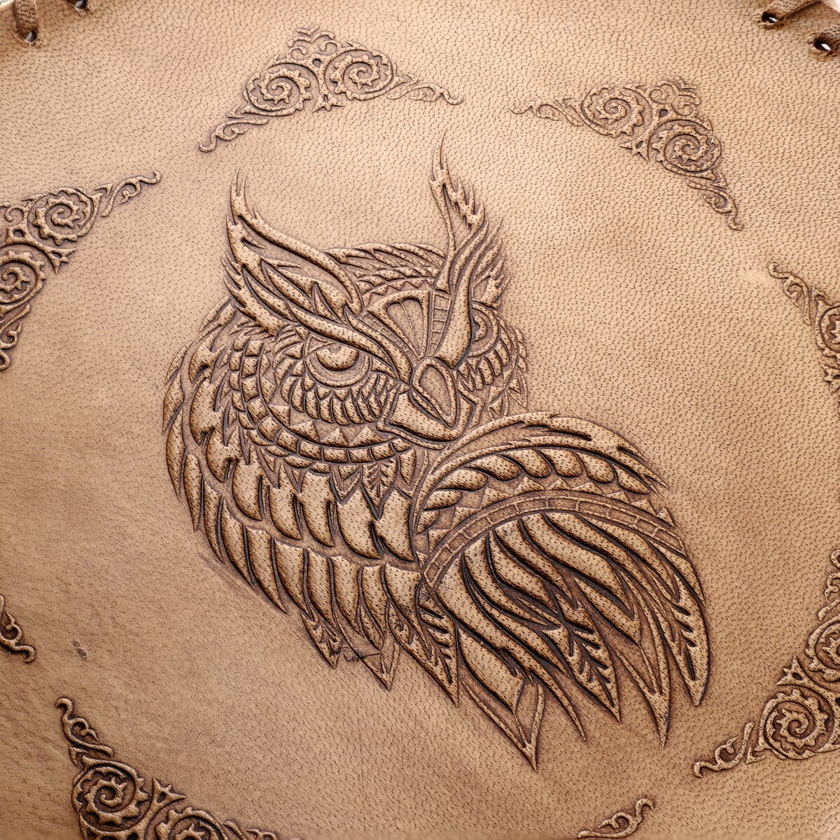 Tan Owl Pattern Genuine Leather Round Embossed Sling Bag with Adjustable Shoulder Strap image number 2