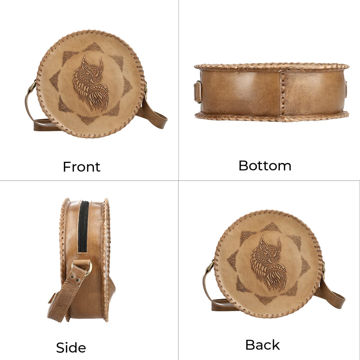 Tan Owl Pattern Genuine Leather Round Embossed Sling Bag with Adjustable Shoulder Strap image number 3