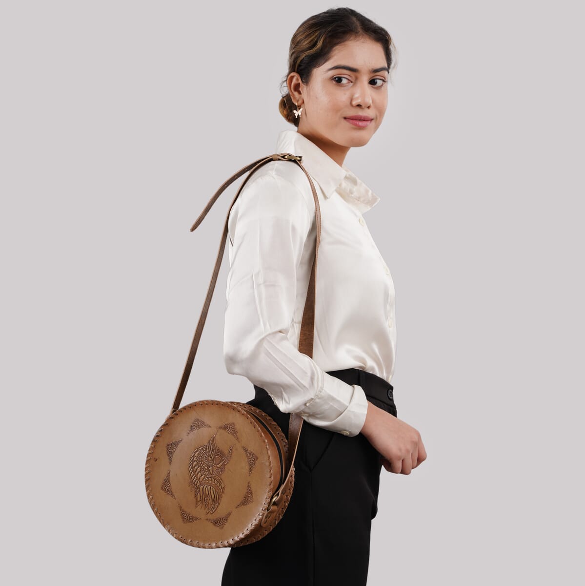 Tan Owl Pattern Genuine Leather Round Embossed Sling Bag with Adjustable Shoulder Strap image number 4