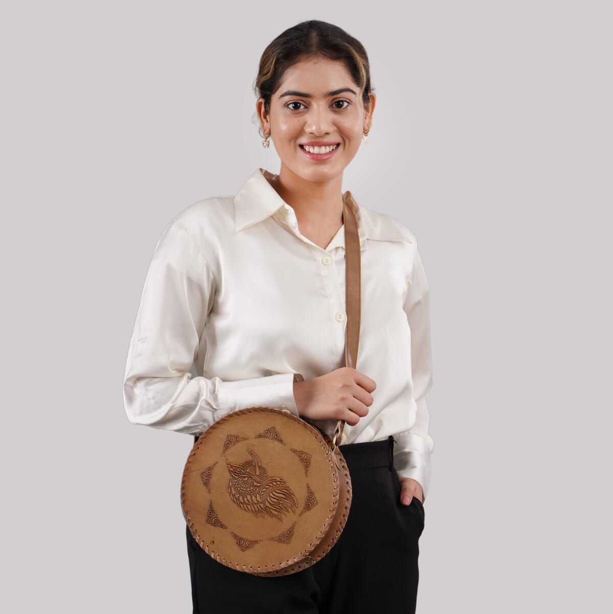 Tan Owl Pattern Genuine Leather Round Embossed Sling Bag with Adjustable Shoulder Strap image number 5