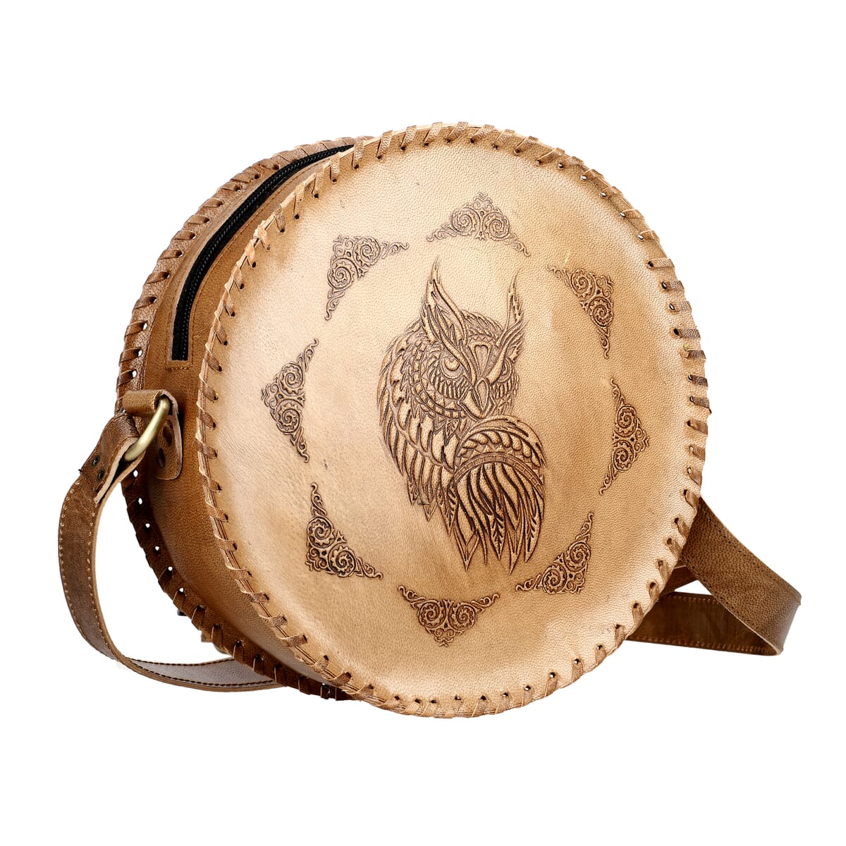 Tan Owl Pattern Genuine Leather Round Embossed Sling Bag with Adjustable Shoulder Strap image number 6