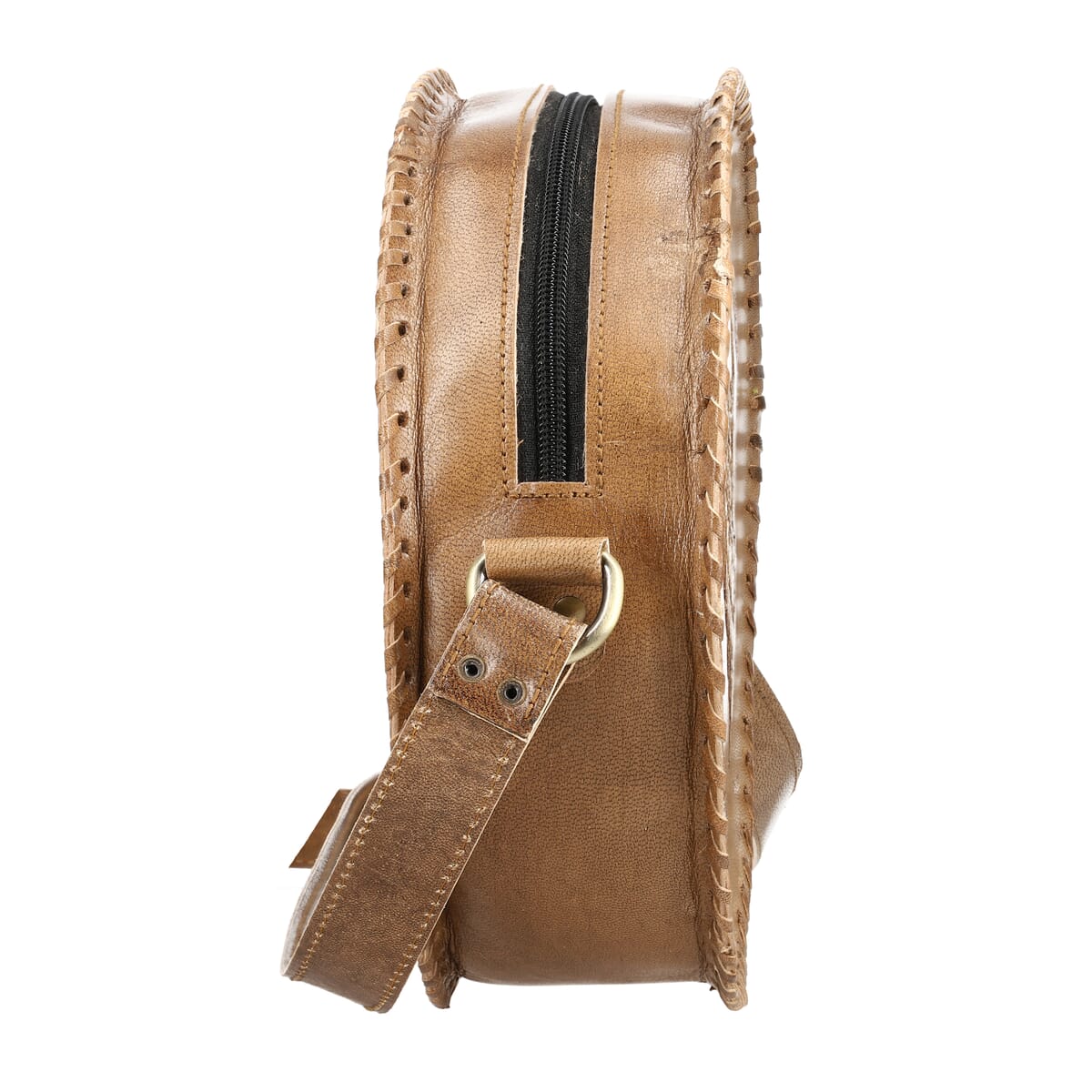 Tan Owl Pattern Genuine Leather Round Embossed Sling Bag with Adjustable Shoulder Strap image number 7