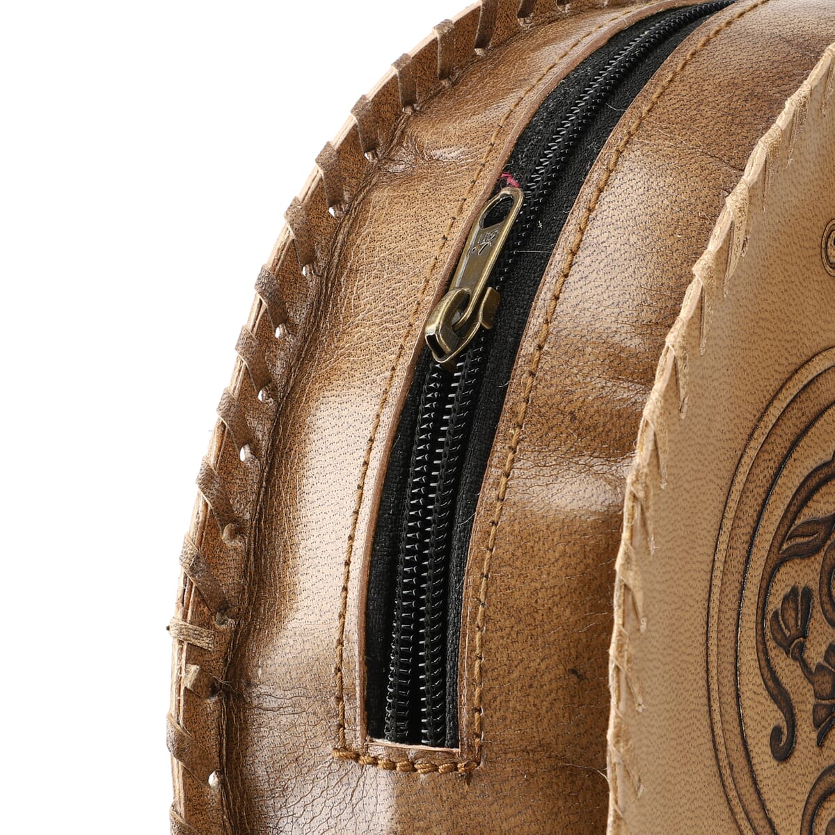 Tan Owl Pattern Genuine Leather Round Embossed Sling Bag with Adjustable Shoulder Strap image number 9