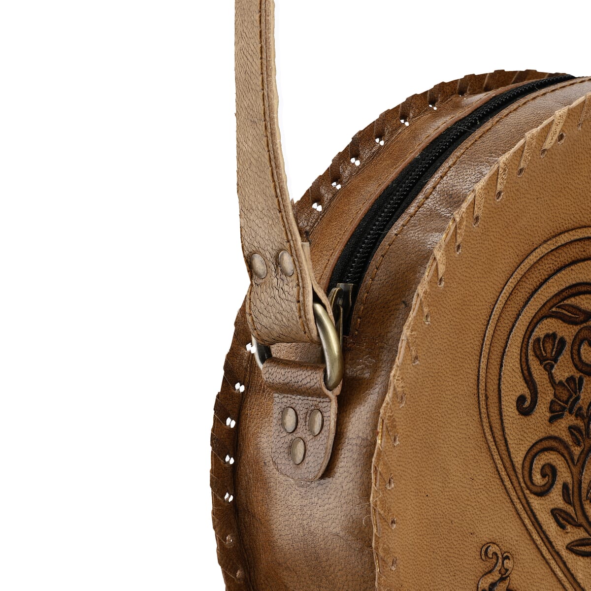 Tan Owl Pattern Genuine Leather Round Embossed Sling Bag with Adjustable Shoulder Strap image number 11