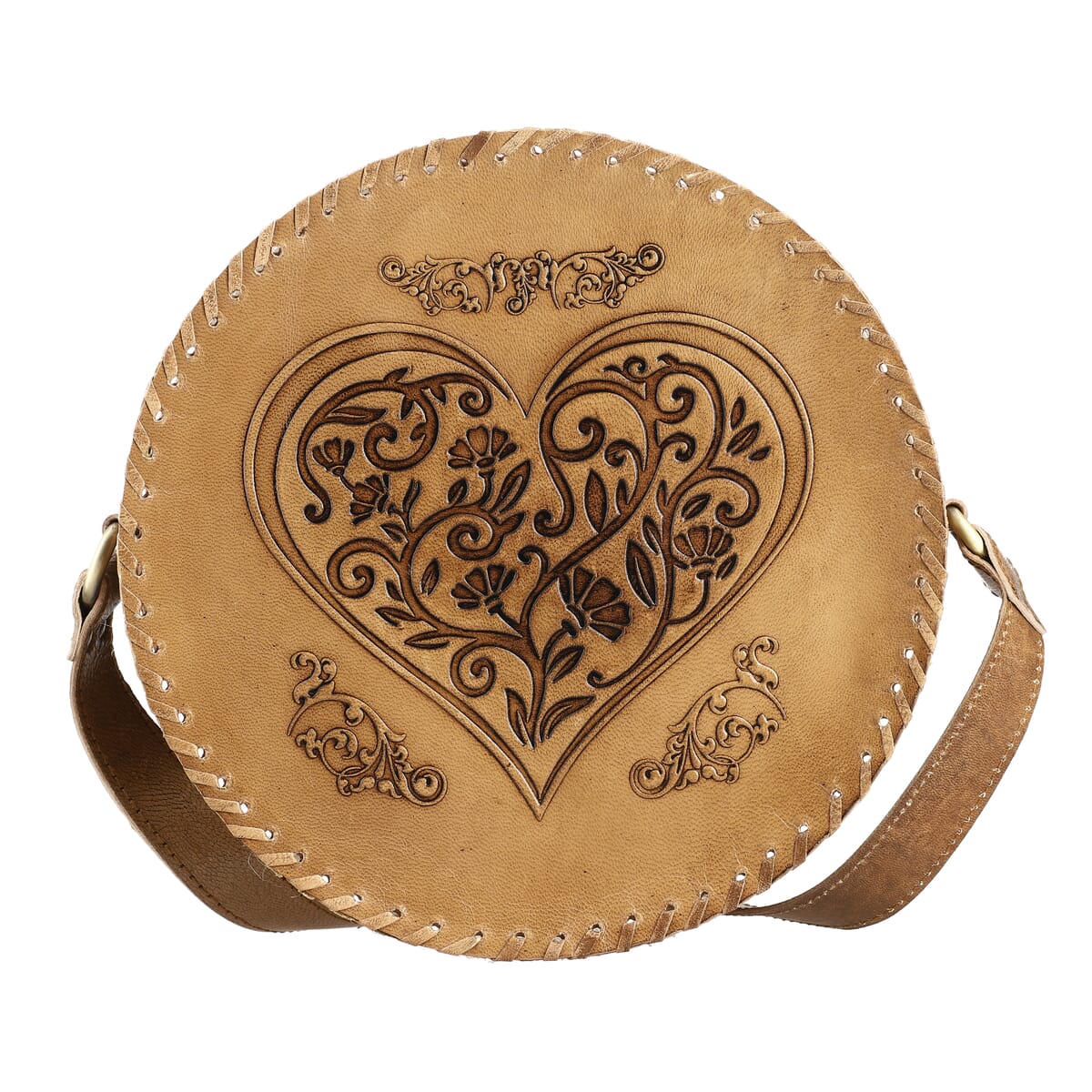 Tan Heart Pattern Genuine Leather Round Embossed Sling Bag with Adjustable Shoulder Strap image number 0