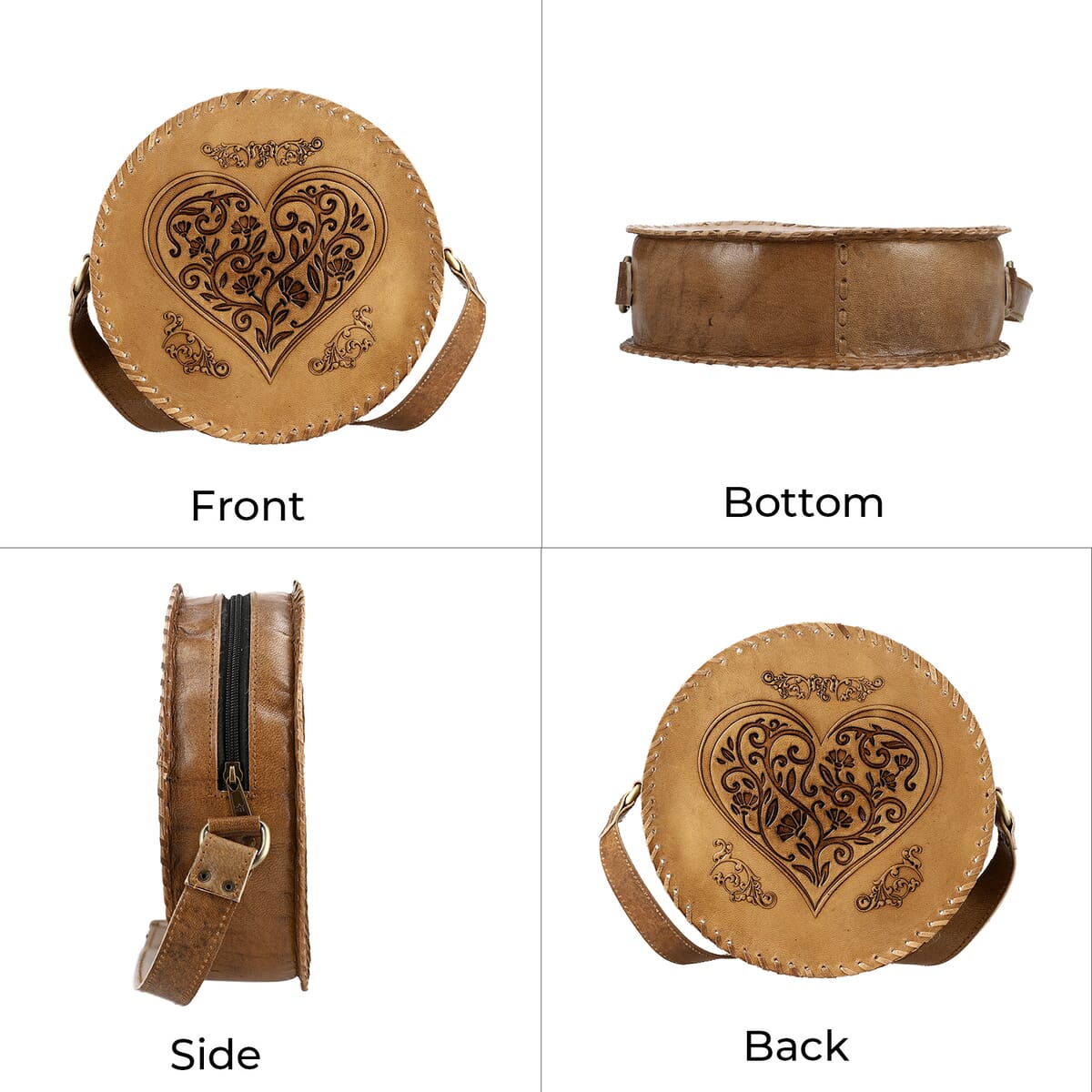 Tan Heart Pattern Genuine Leather Round Embossed Sling Bag with Adjustable Shoulder Strap image number 3