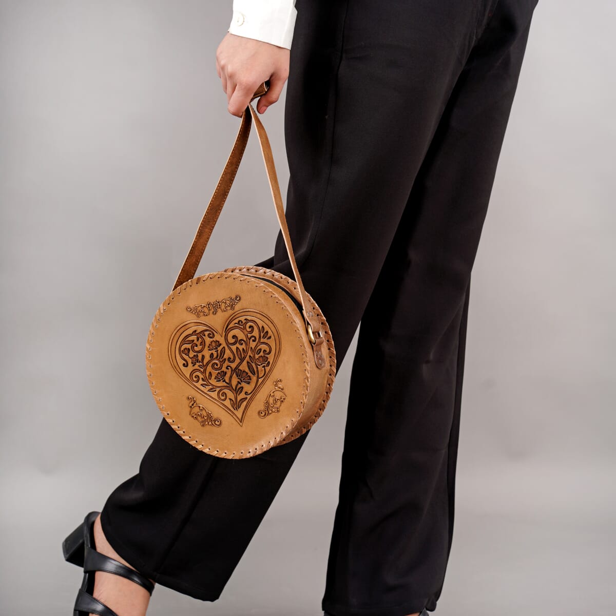 Tan Heart Pattern Genuine Leather Round Embossed Sling Bag with Adjustable Shoulder Strap image number 5