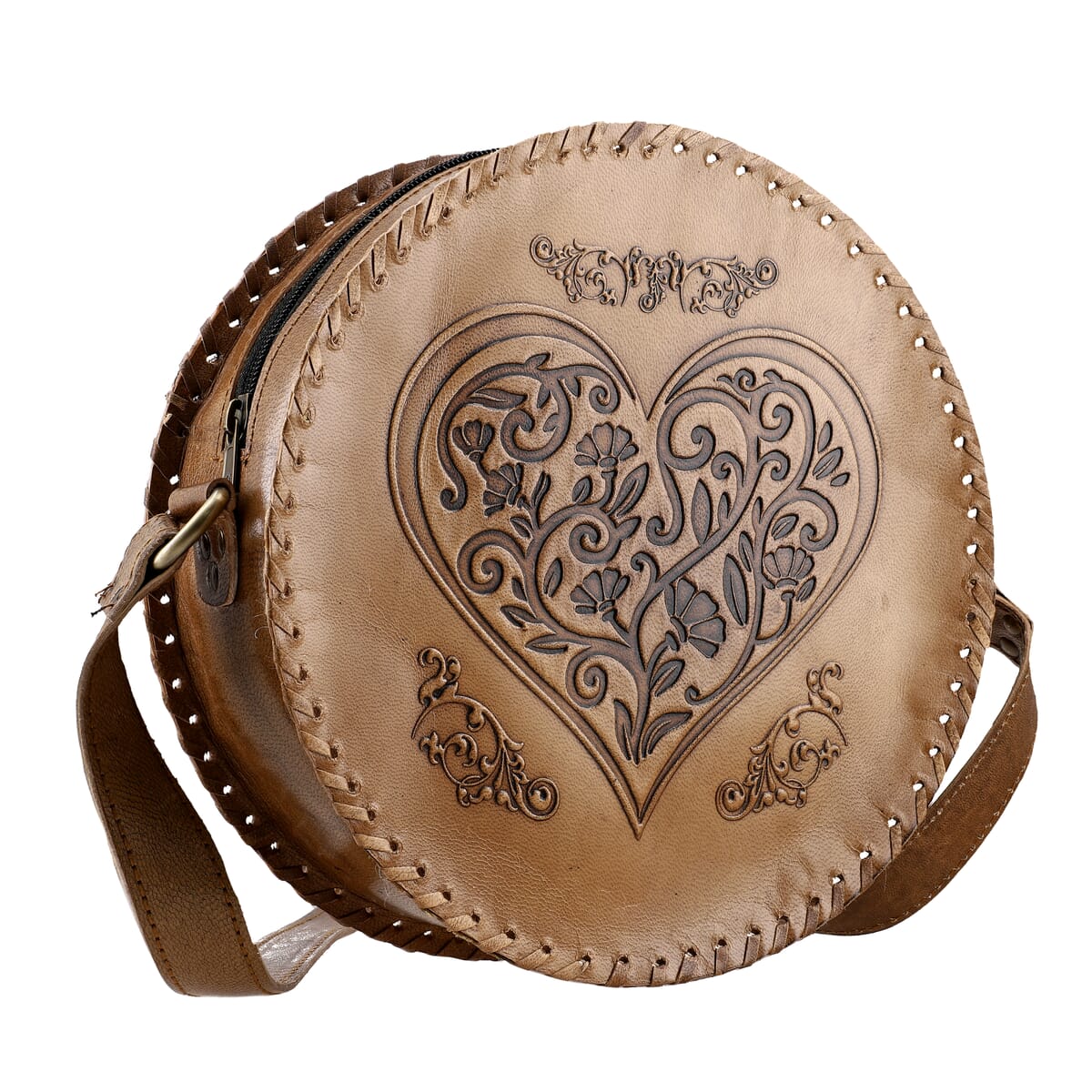 Tan Heart Pattern Genuine Leather Round Embossed Sling Bag with Adjustable Shoulder Strap image number 6