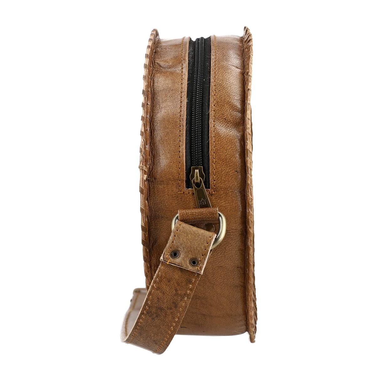 Tan Heart Pattern Genuine Leather Round Embossed Sling Bag with Adjustable Shoulder Strap image number 7