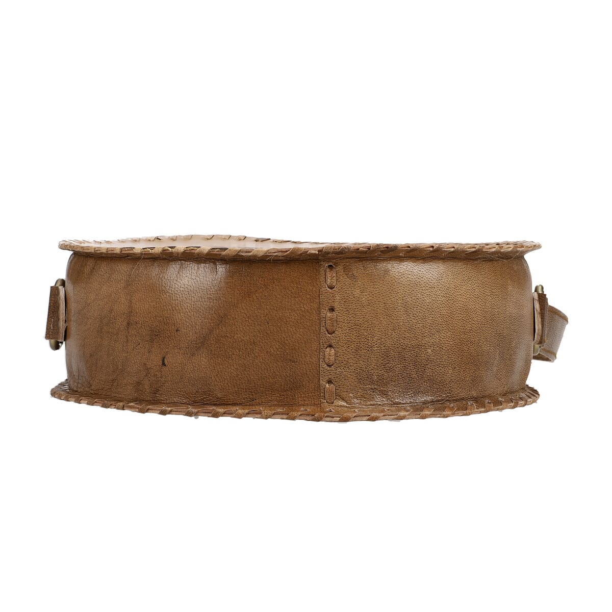 Tan Heart Pattern Genuine Leather Round Embossed Sling Bag with Adjustable Shoulder Strap image number 8