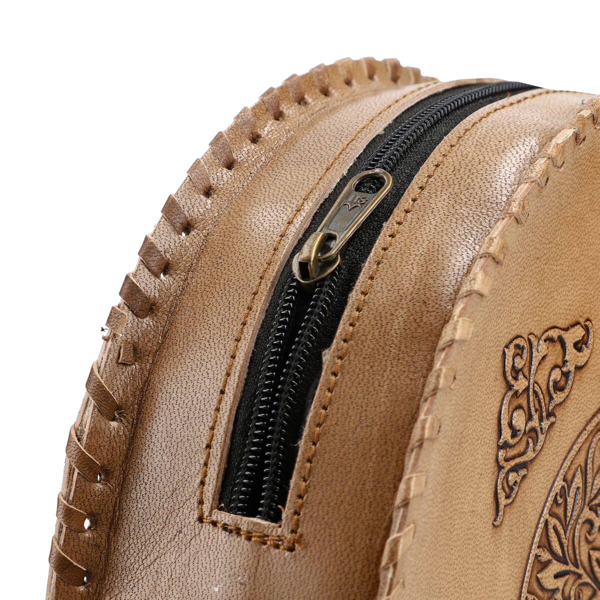 Tan Heart Pattern Genuine Leather Round Embossed Sling Bag with Adjustable Shoulder Strap image number 9