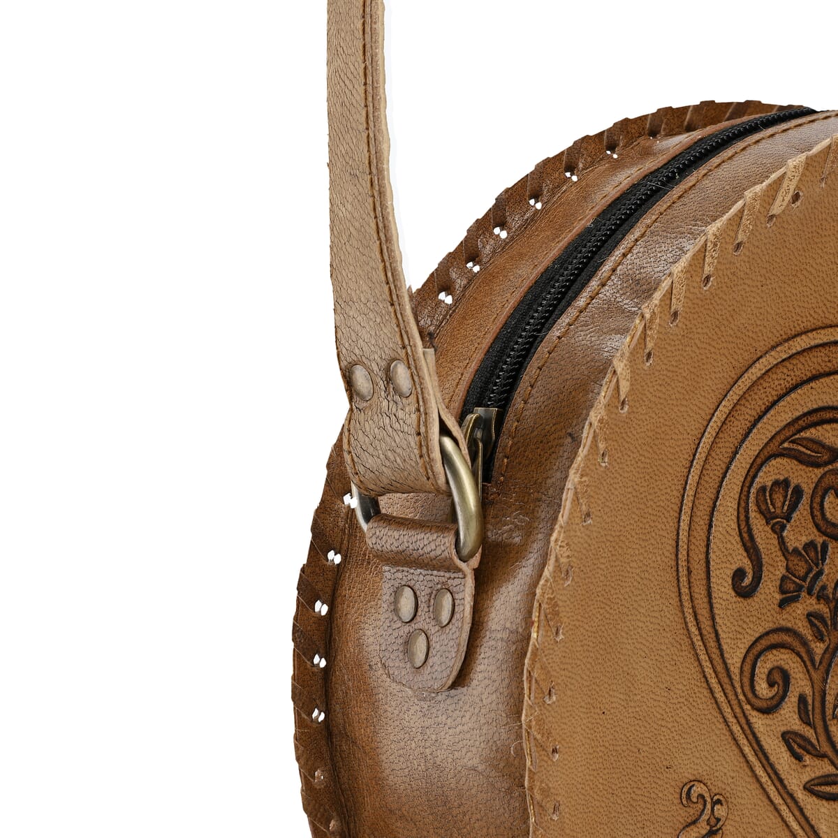 Tan Heart Pattern Genuine Leather Round Embossed Sling Bag with Adjustable Shoulder Strap image number 11