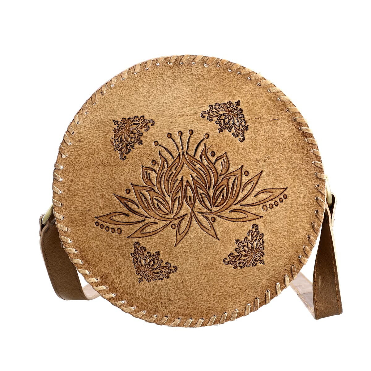 Tan Lotus Pattern Genuine Leather Round Embossed Sling Bag with Adjustable Shoulder Strap image number 0