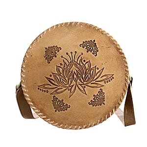 Tan Lotus Pattern Genuine Leather Round Embossed Sling Bag with Adjustable Shoulder Strap