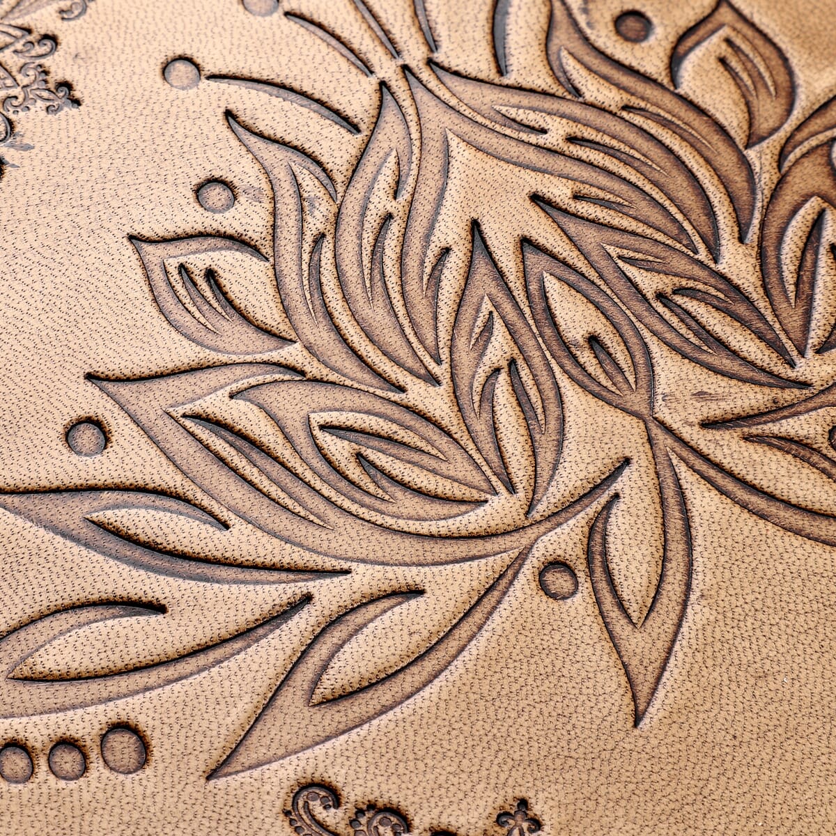 Tan Lotus Pattern Genuine Leather Round Embossed Sling Bag with Adjustable Shoulder Strap image number 2