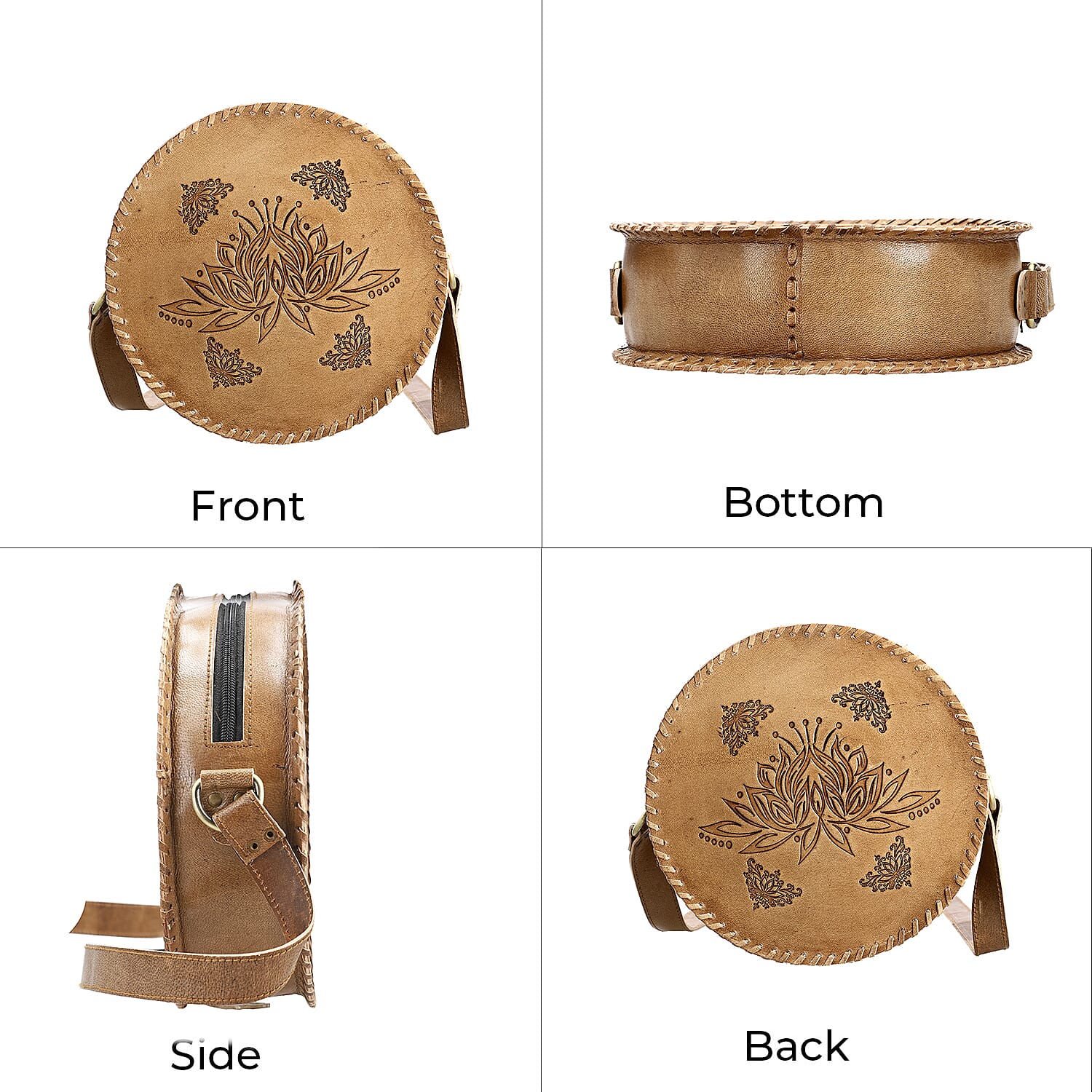 Tan Lotus Pattern Genuine Leather Round Embossed Sling Bag with Adjustable Shoulder Strap