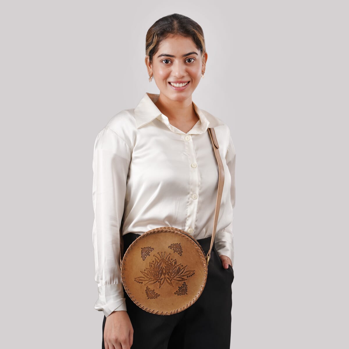 Tan Lotus Pattern Genuine Leather Round Embossed Sling Bag with Adjustable Shoulder Strap image number 4