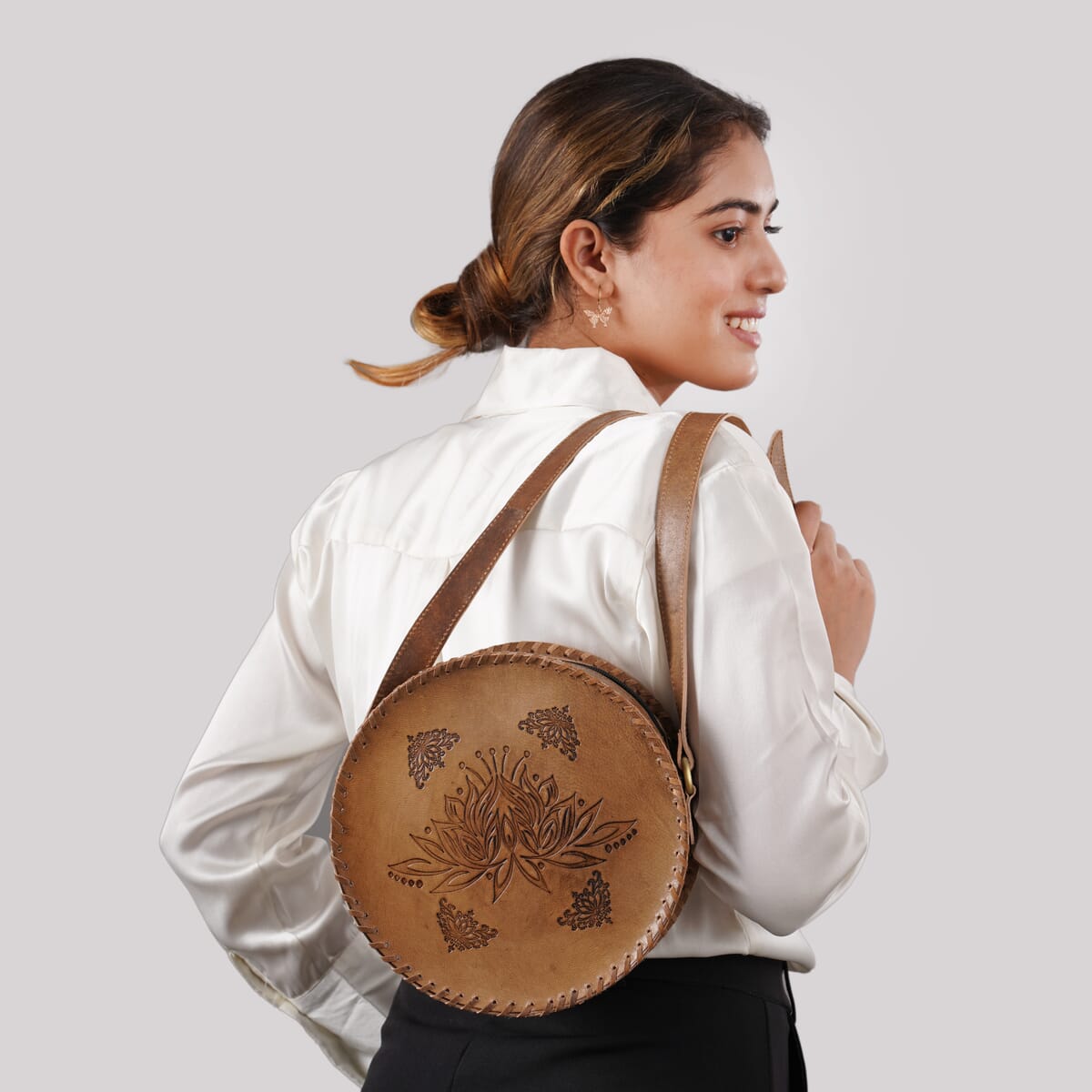 Tan Lotus Pattern Genuine Leather Round Embossed Sling Bag with Adjustable Shoulder Strap image number 5