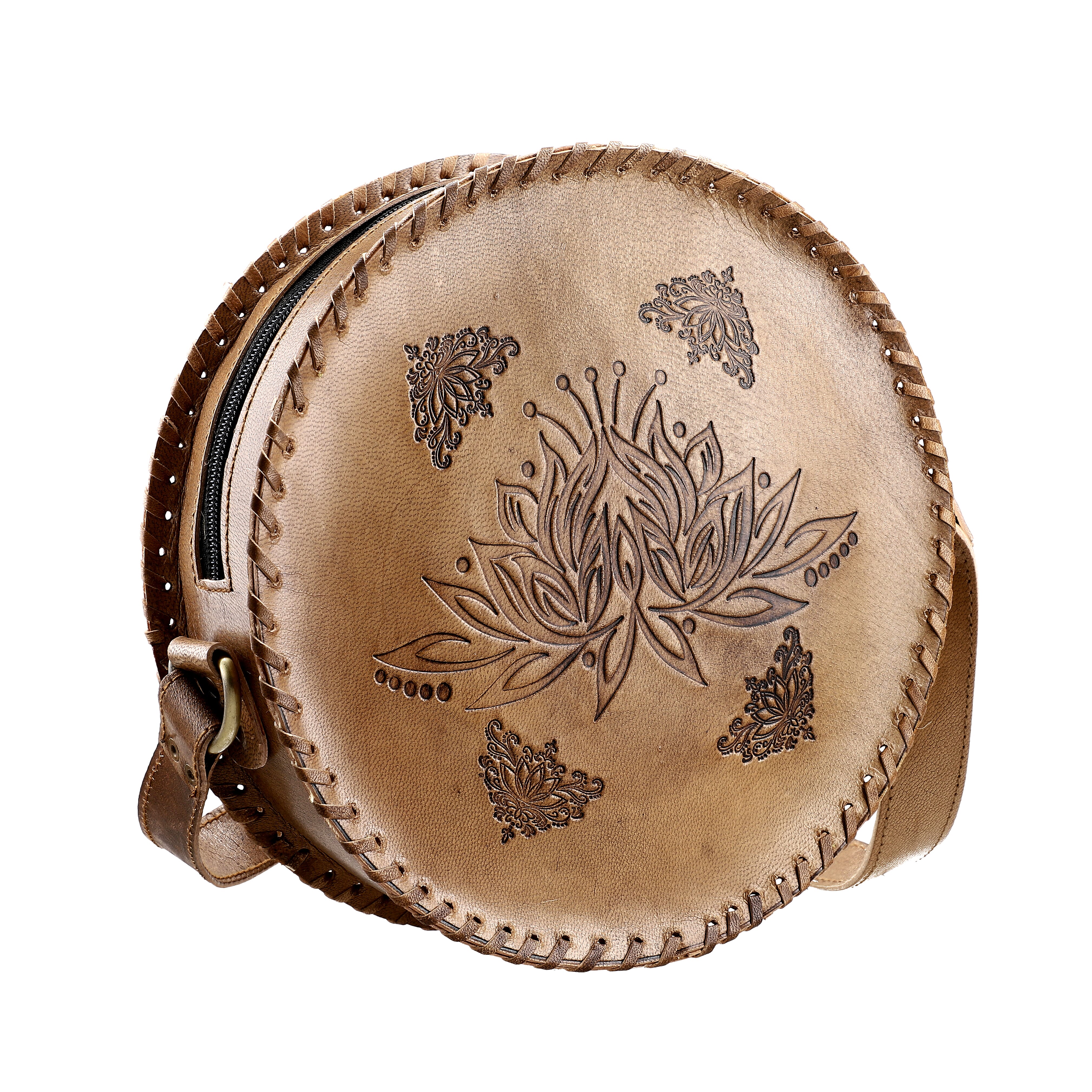 Tan Lotus Pattern Genuine Leather Round Embossed Sling Bag with Adjustable Shoulder Strap