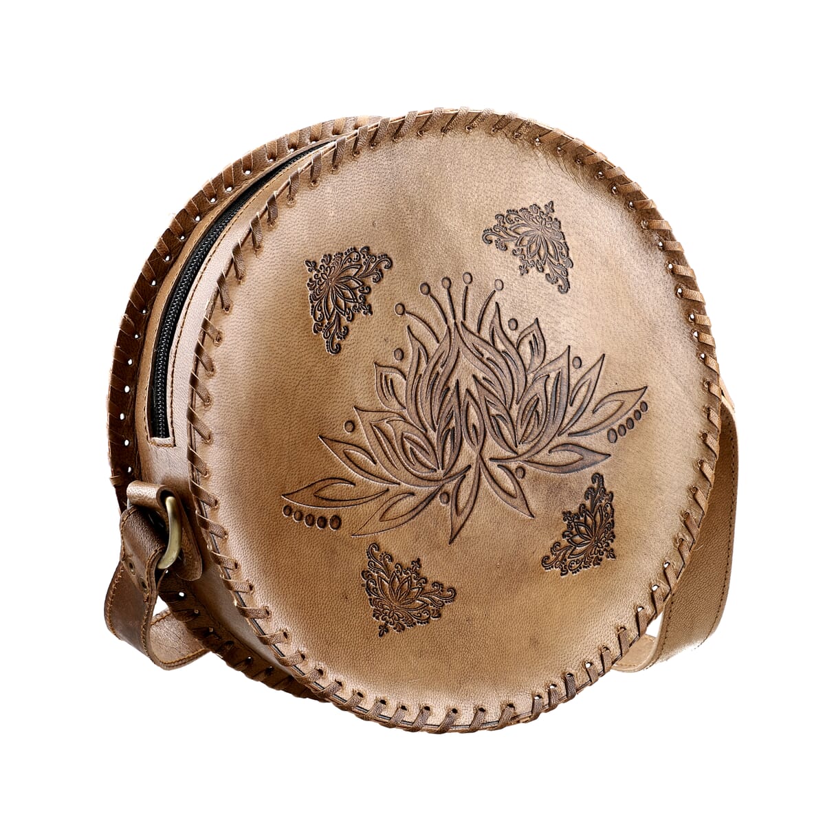 Tan Lotus Pattern Genuine Leather Round Embossed Sling Bag with Adjustable Shoulder Strap image number 6